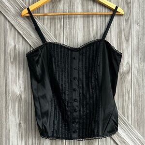 Vintage Black Satin Goth Coquette Corset Top – Lace Trim & Pintuck Detail– sz 14